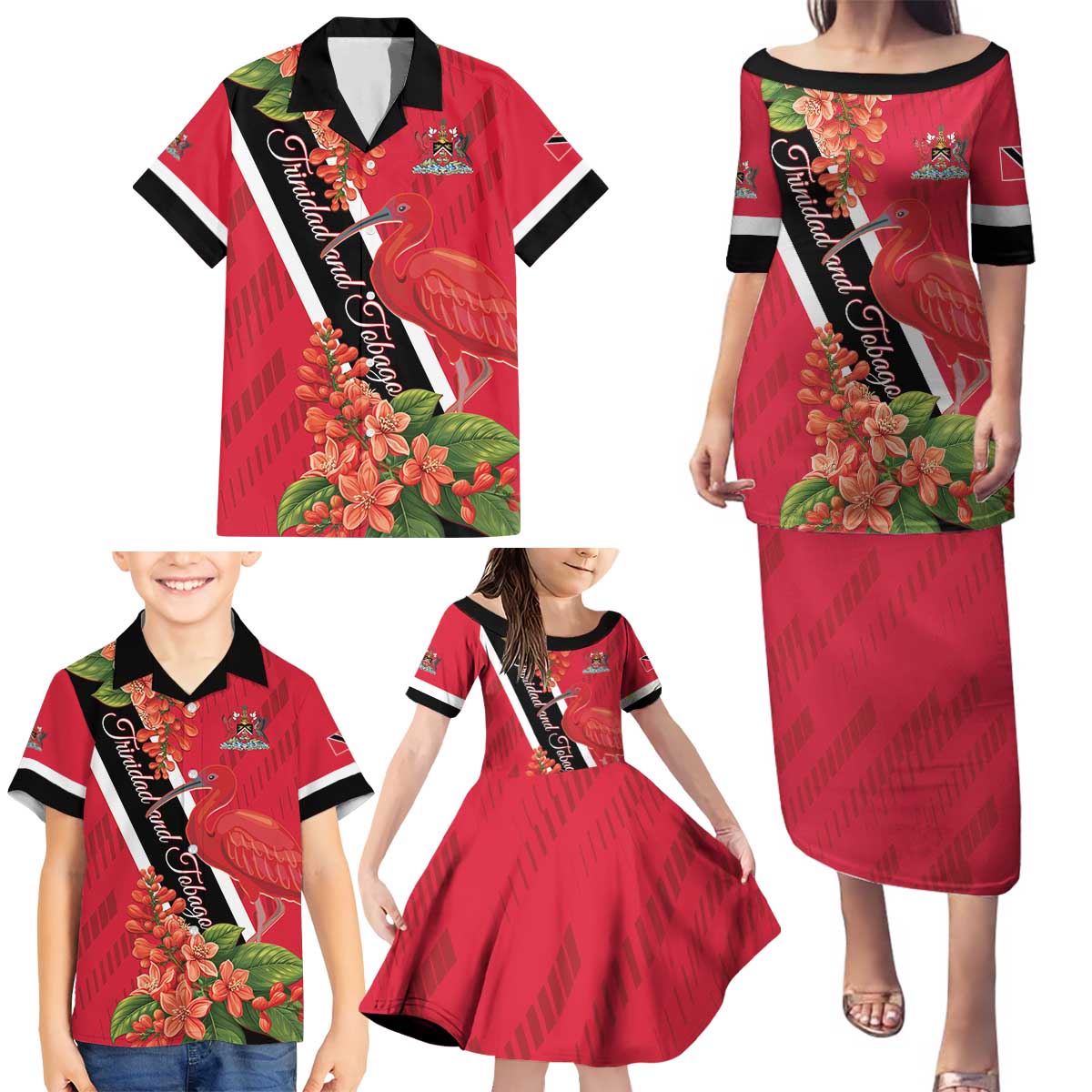 Trinidad and Tobago Family Matching Puletasi and Hawaiian Shirt Scarlet Ibis With Chaconia Flower - Wonder Print Shop