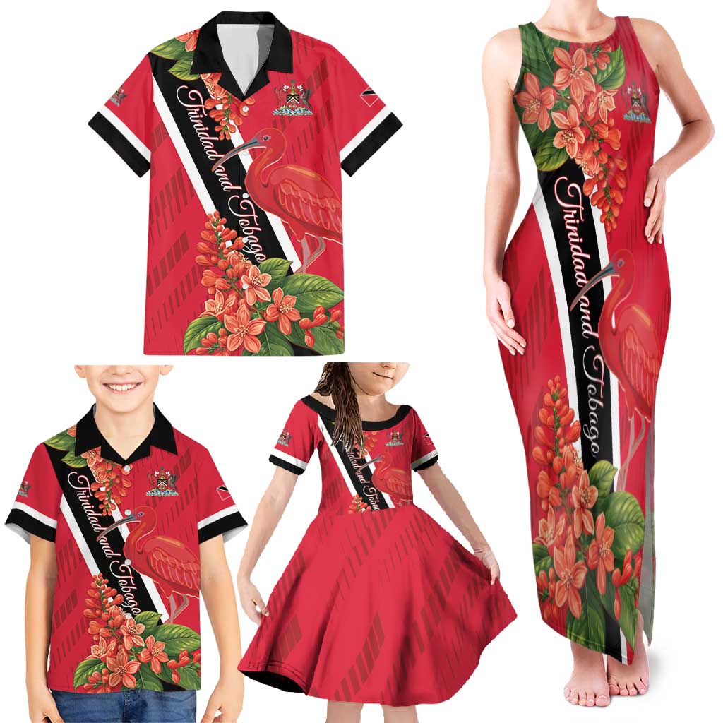 Trinidad and Tobago Family Matching Tank Maxi Dress and Hawaiian Shirt Scarlet Ibis With Chaconia Flower - Wonder Print Shop