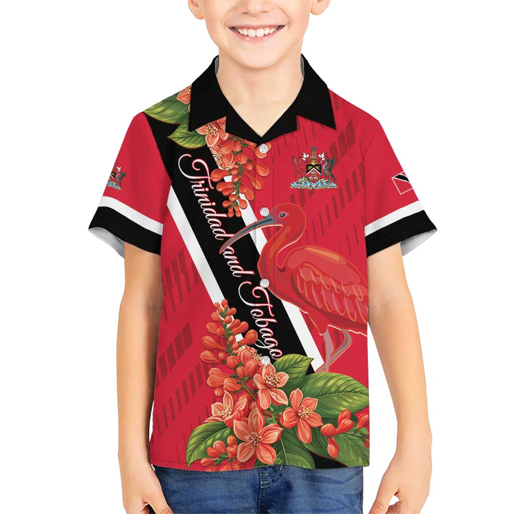 Trinidad and Tobago Kid Hawaiian Shirt Scarlet Ibis With Chaconia Flower - Wonder Print Shop