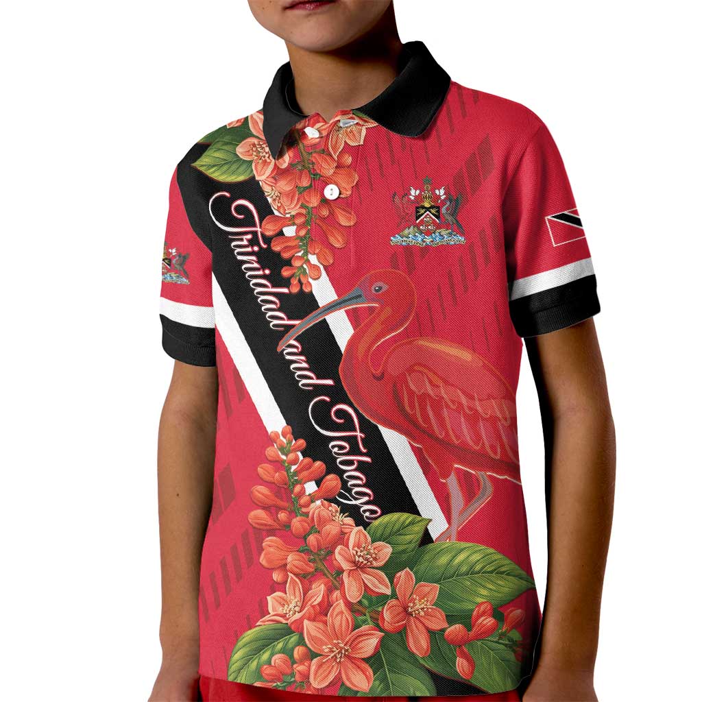 Trinidad and Tobago Kid Polo Shirt Scarlet Ibis With Chaconia Flower - Wonder Print Shop