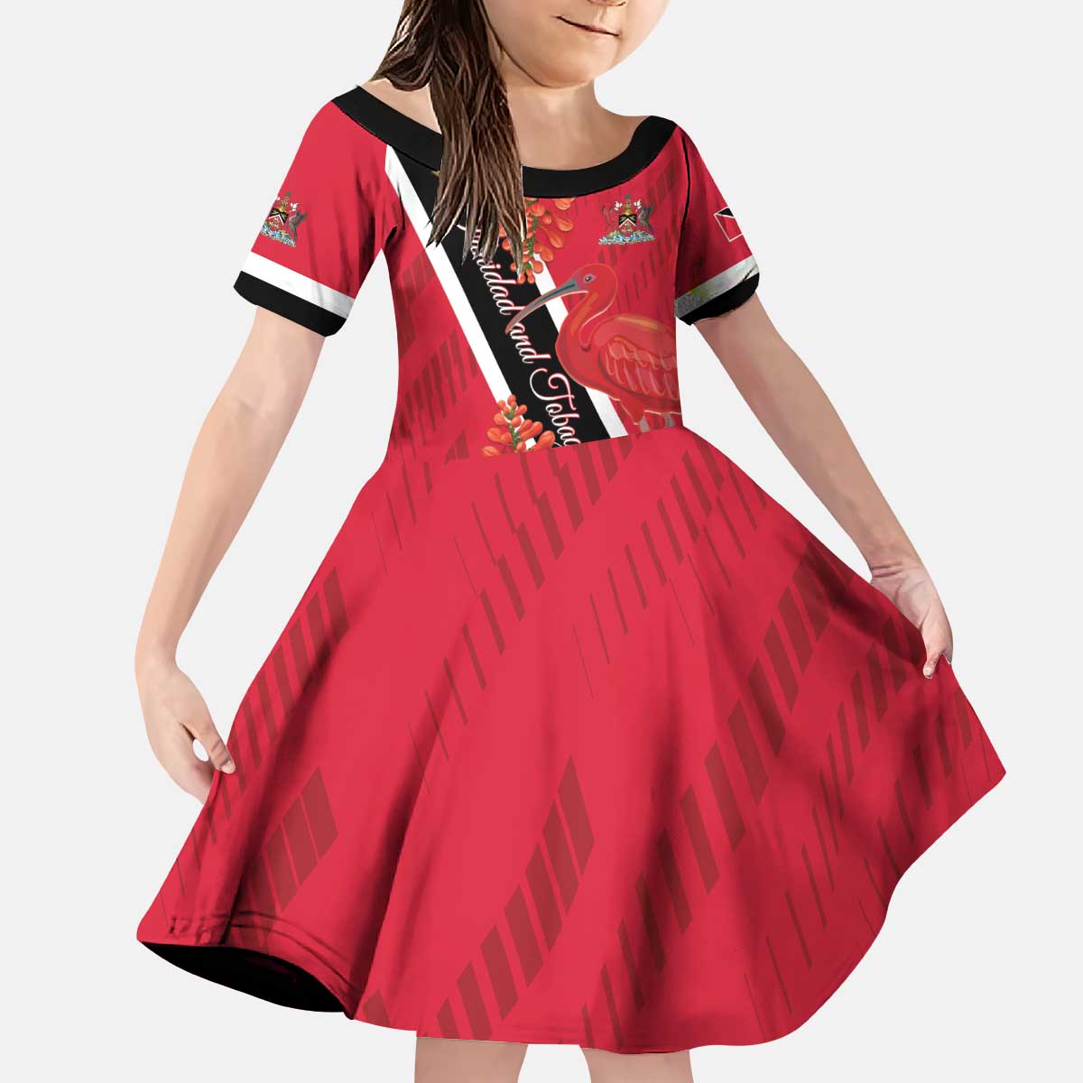 Trinidad and Tobago Kid Short Sleeve Dress Scarlet Ibis With Chaconia Flower - Wonder Print Shop