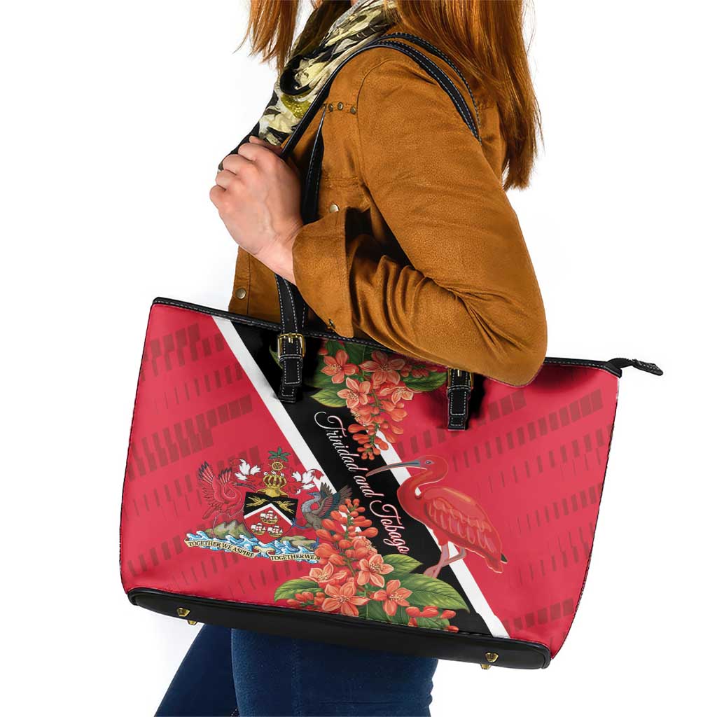 Trinidad and Tobago Leather Tote Bag Scarlet Ibis With Chaconia Flower