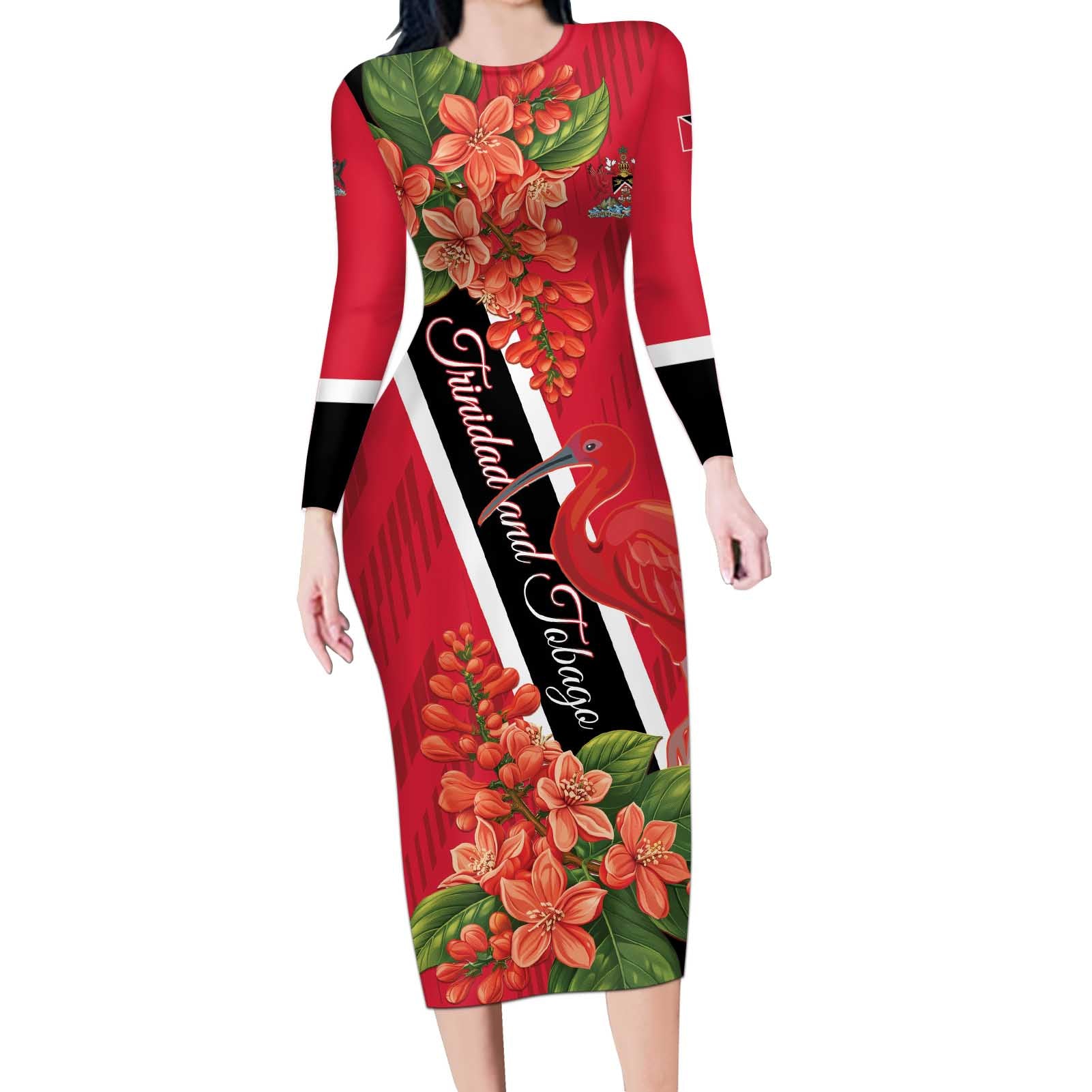 Trinidad and Tobago Long Sleeve Bodycon Dress Scarlet Ibis With Chaconia Flower - Wonder Print Shop