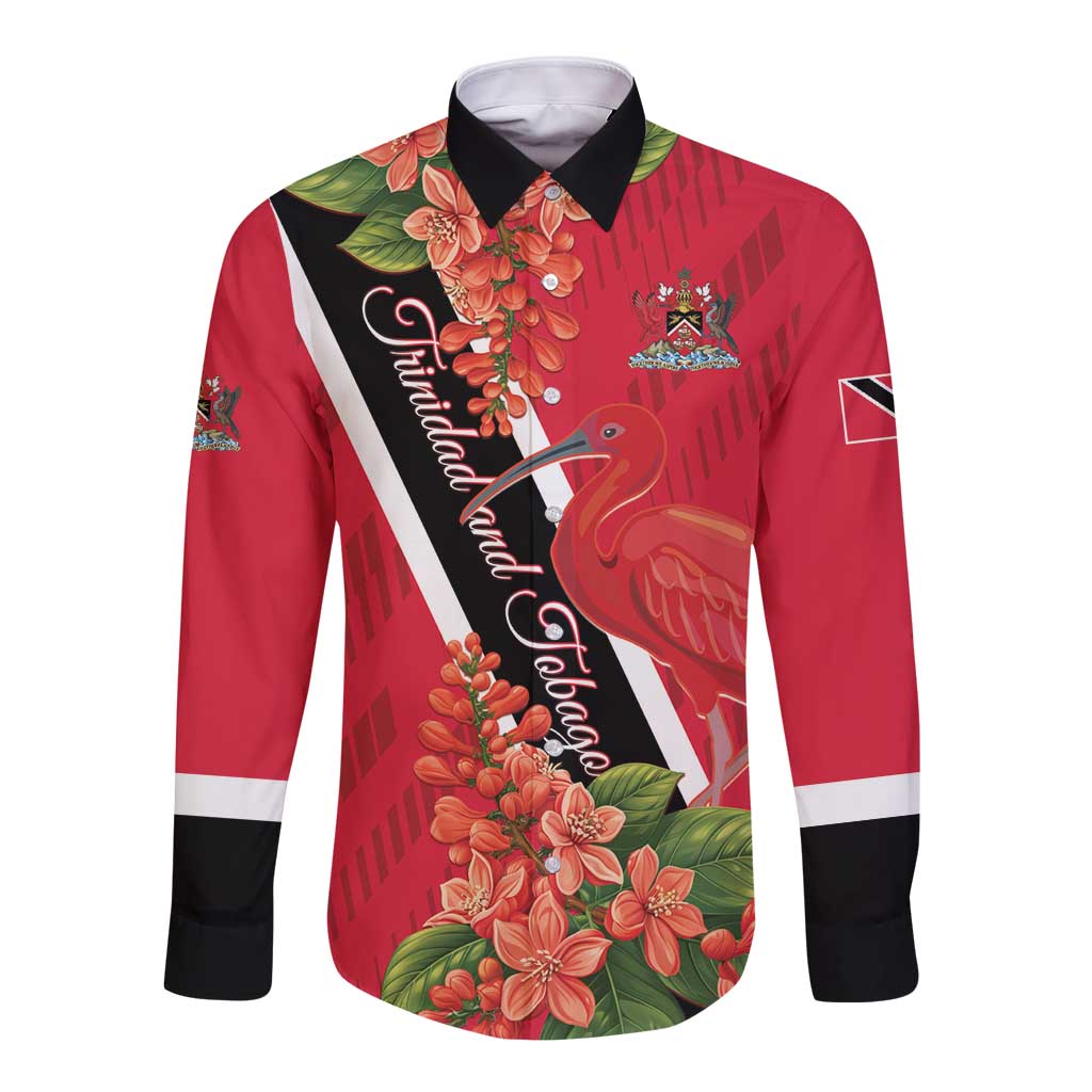 Unisex long-sleeve button shirt in red with floral bird print and black cuffs