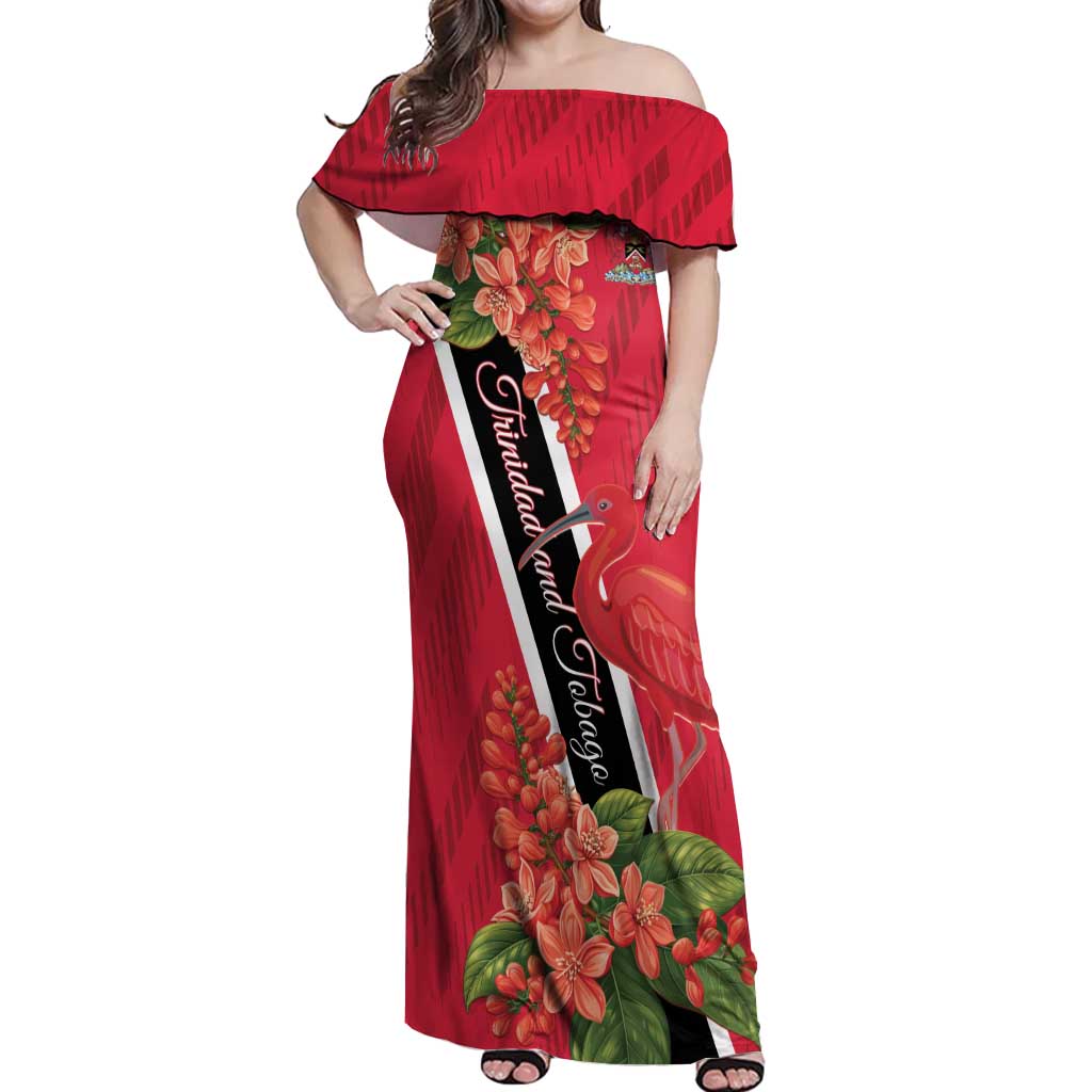 Trinidad and Tobago Off Shoulder Maxi Dress Scarlet Ibis With Chaconia Flower - Wonder Print Shop