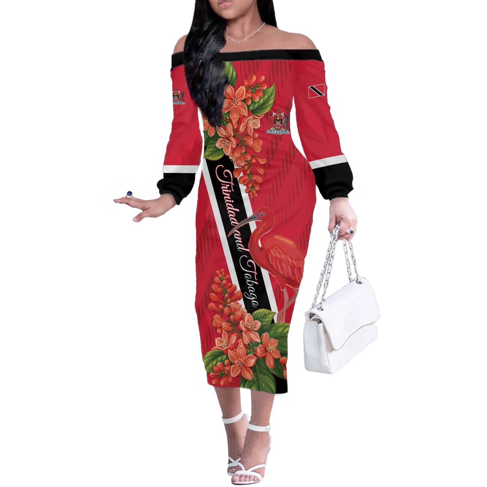 Trinidad and Tobago Off The Shoulder Long Sleeve Dress Scarlet Ibis With Chaconia Flower - Wonder Print Shop