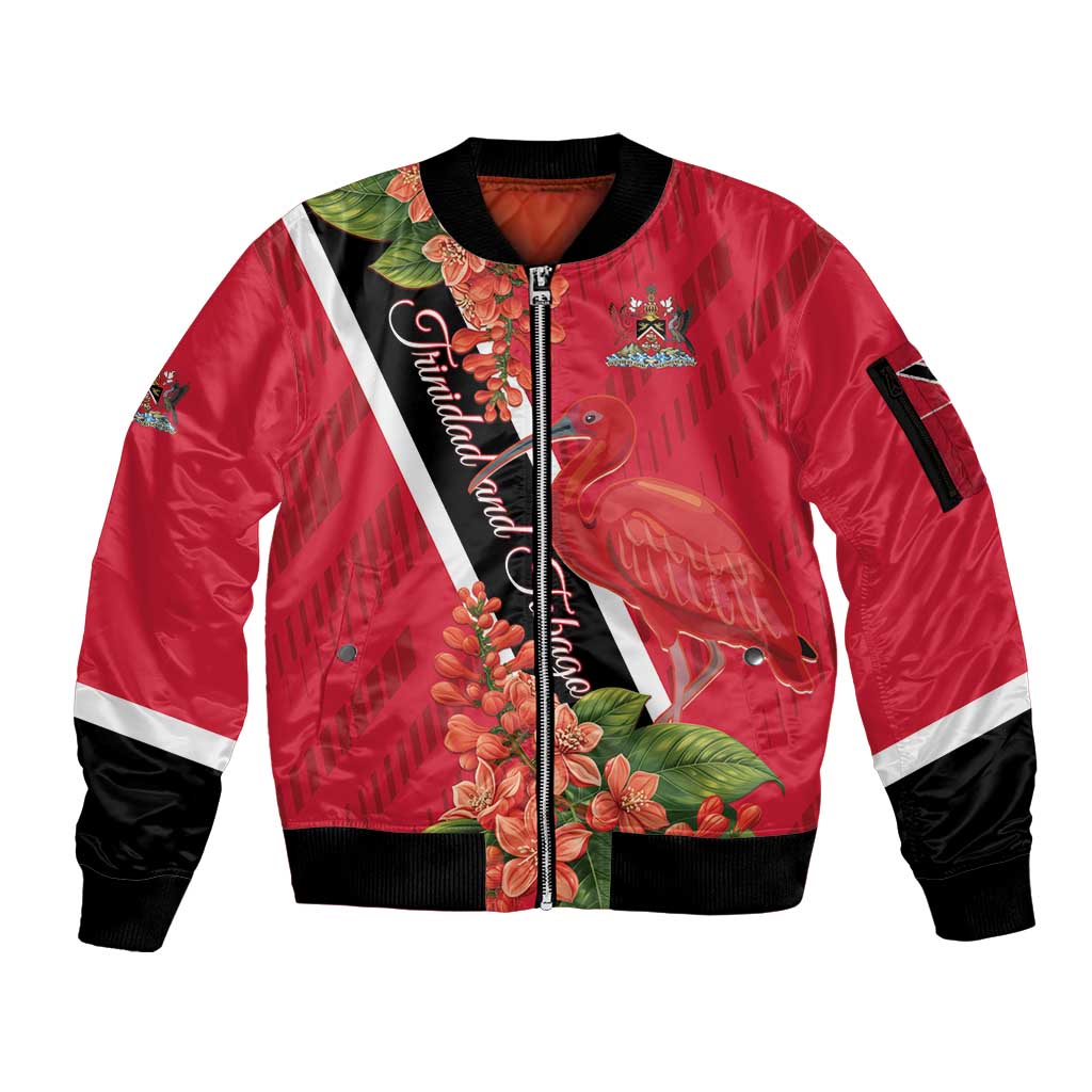 Trinidad and Tobago Sleeve Zip Bomber Jacket Scarlet Ibis With Chaconia Flower - Wonder Print Shop