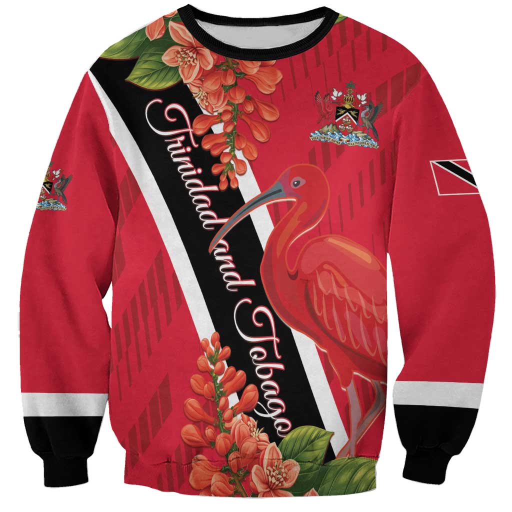 Red unisex sweatshirt with black-and-white diagonal sash, flaming bird and floral print