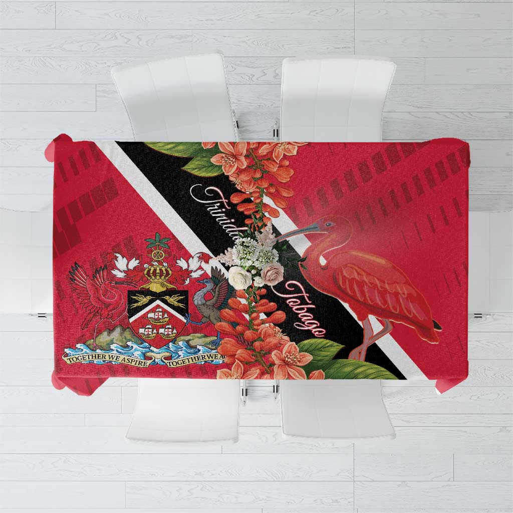 Red decorative tablecloth featuring a bird, tropical blooms, and black-and-white diagonal stripe