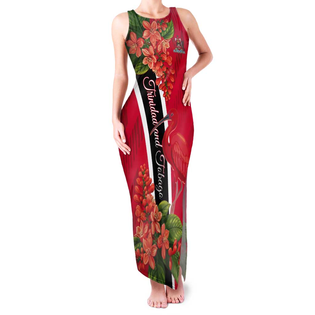 Trinidad and Tobago Tank Maxi Dress Scarlet Ibis With Chaconia Flower - Wonder Print Shop