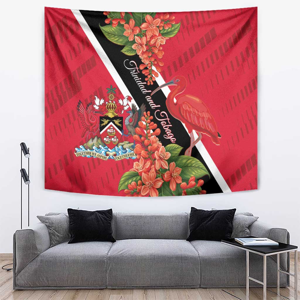 Red decorative wall tapestry with red ibis, orange blossoms, diagonal black stripe, and white accent