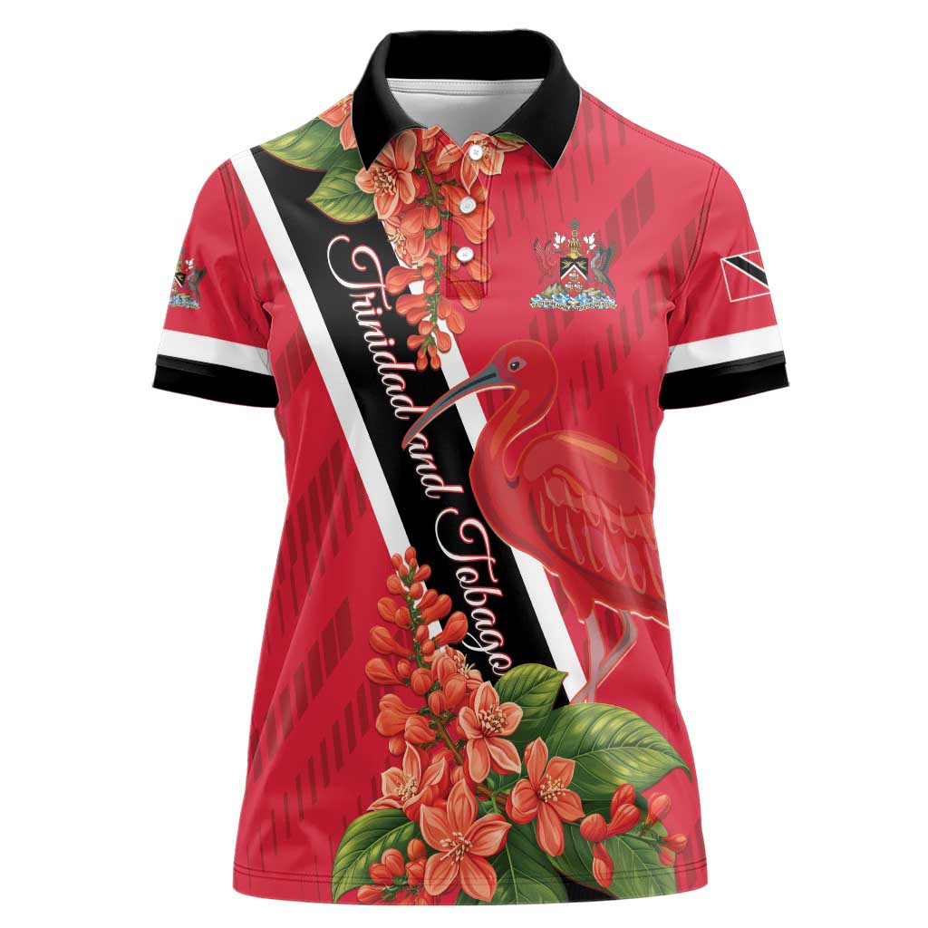 Trinidad and Tobago Women Polo Shirt Scarlet Ibis With Chaconia Flower - Wonder Print Shop