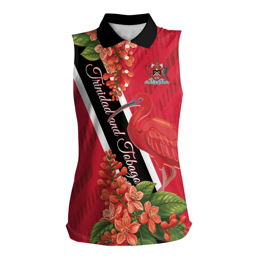 Trinidad and Tobago Women Sleeveless Polo Shirt Scarlet Ibis With Chaconia Flower - Wonder Print Shop