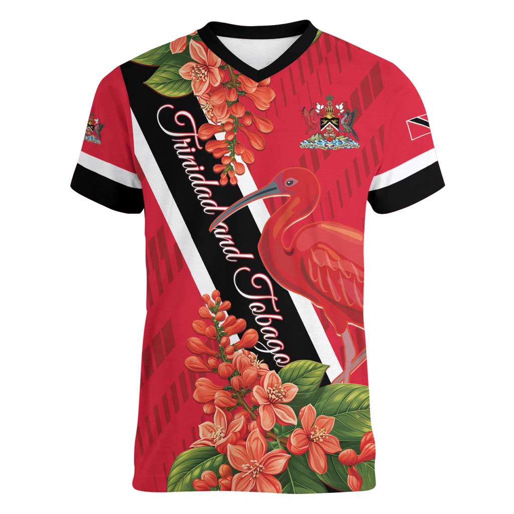 Trinidad and Tobago Women V-Neck T-Shirt Scarlet Ibis With Chaconia Flower - Wonder Print Shop