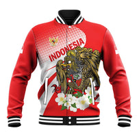 Red baseball jacket with striped collar, snap buttons, eagle crest graphic front