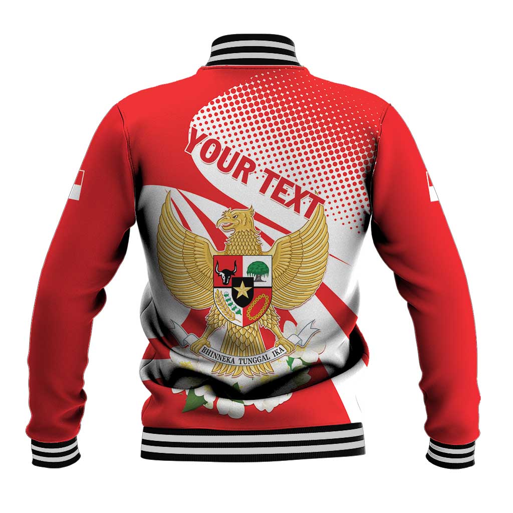 Red baseball jacket back view with striped ribbed collar, eagle crest wings graphic