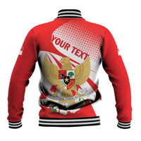 Red baseball jacket back view with striped ribbed collar, eagle crest wings graphic
