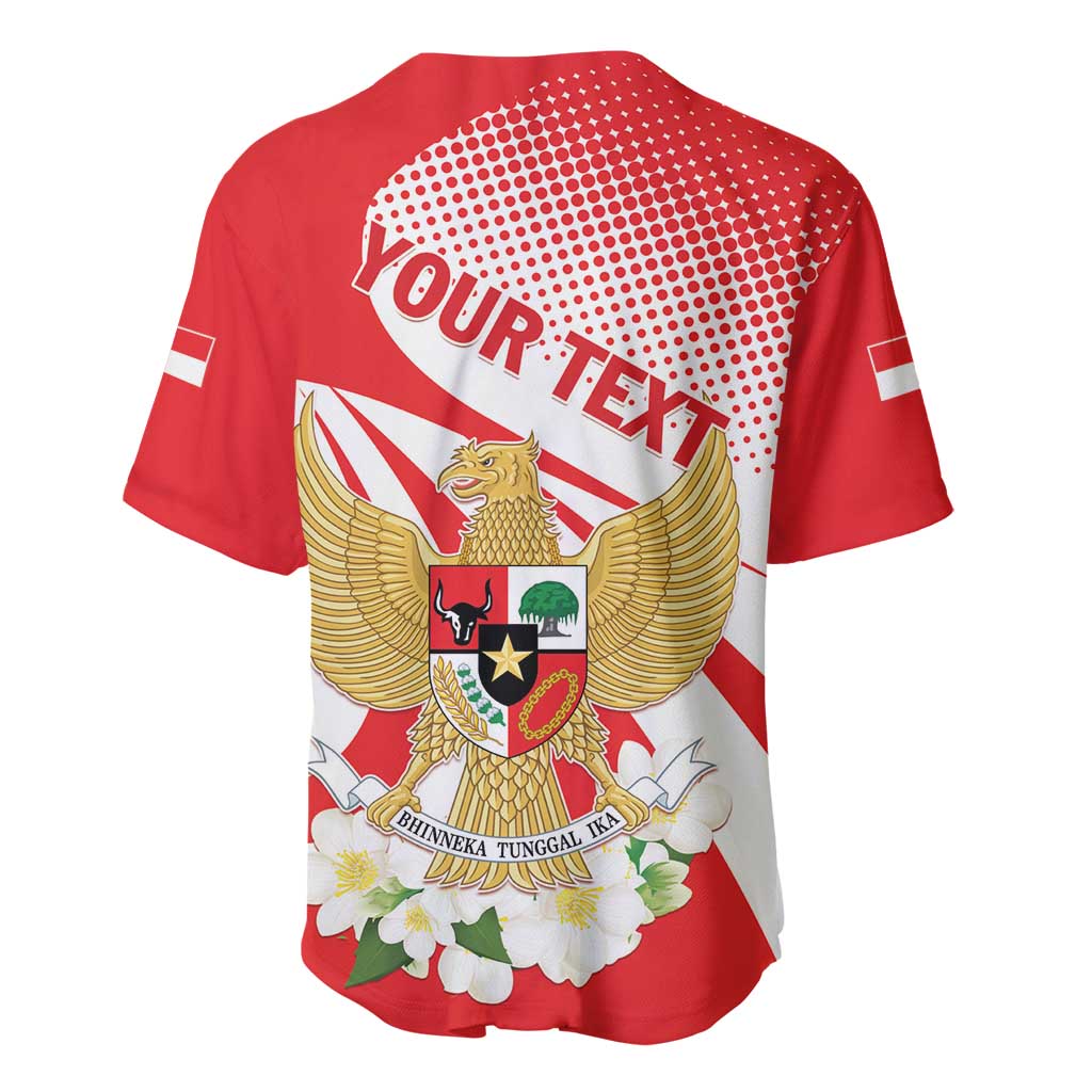 Red baseball jersey back with large eagle crest, dotted halftone, and flower hem graphic