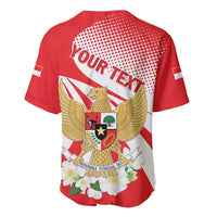 Red baseball jersey back with large eagle crest, dotted halftone, and flower hem graphic