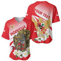 Red baseball jersey front and back with eagle crest, dotted design, and white flower graphics