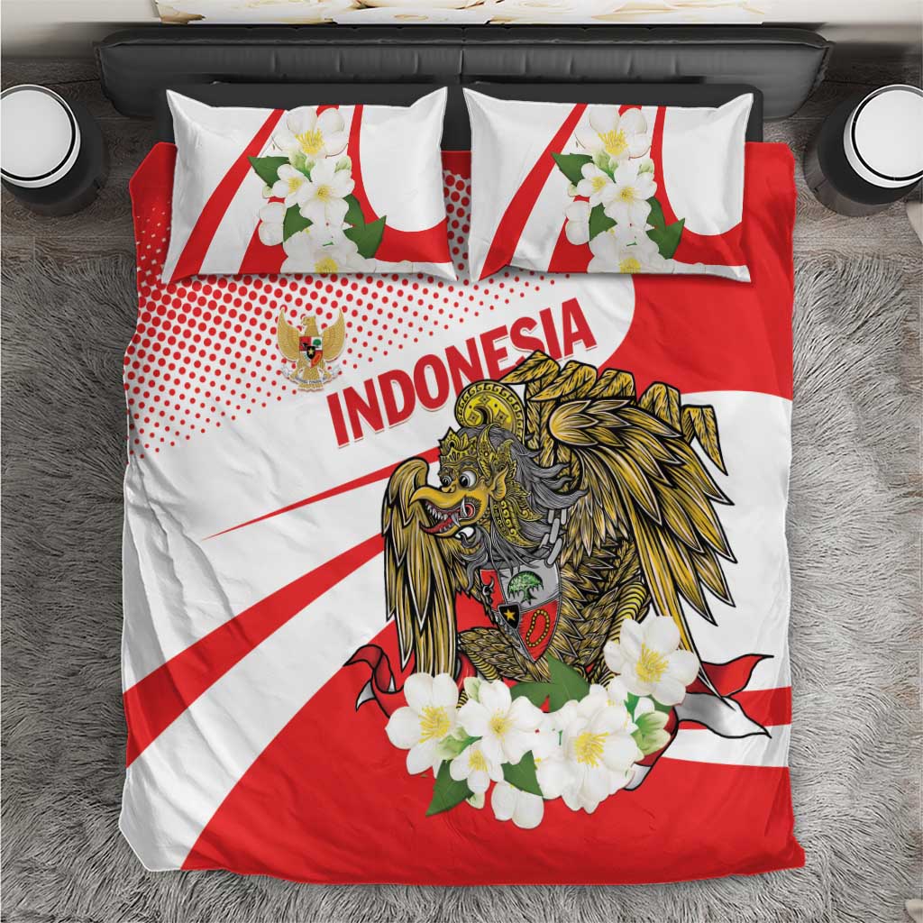 Red and white bedding set close-up: eagle emblem, “Indonesia” lettering, and floral details