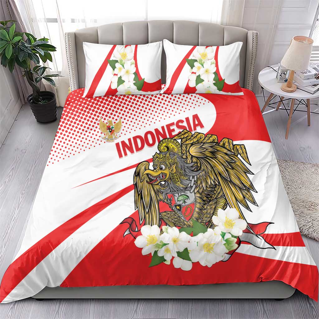 Red and white bedding set on bed: eagle graphic, flower accents, and “Indonesia” text on duvet