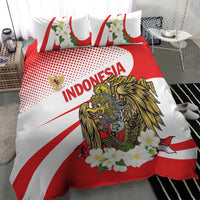 Red and white Indonesia-themed bedding set with eagle graphic, floral accents, and striped design