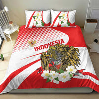 Red and white duvet bedding set with eagle emblem, flowers, and “Indonesia” text; two matching pillows