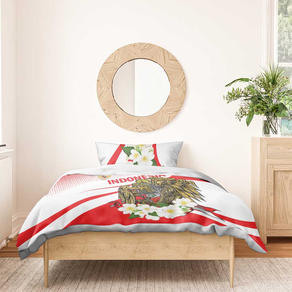 Red and white duvet bedding set with eagle emblem, flower wreath, and bold “Indonesia” text