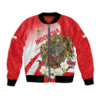 Red unisex bomber jacket with zip, eagle graphic and white floral accents