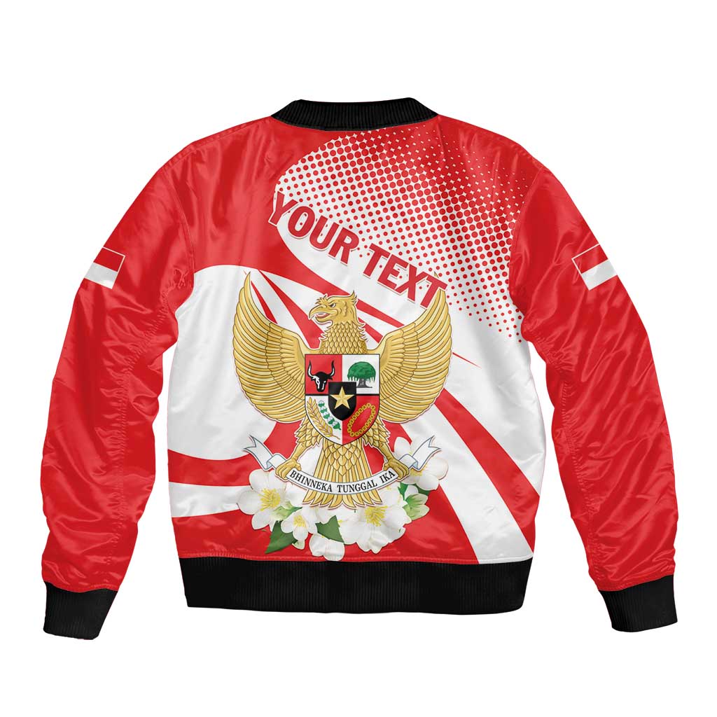 Red unisex bomber jacket with back eagle crest, flowers, striped panel