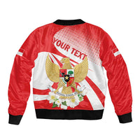 Red unisex bomber jacket with back eagle crest, flowers, striped panel