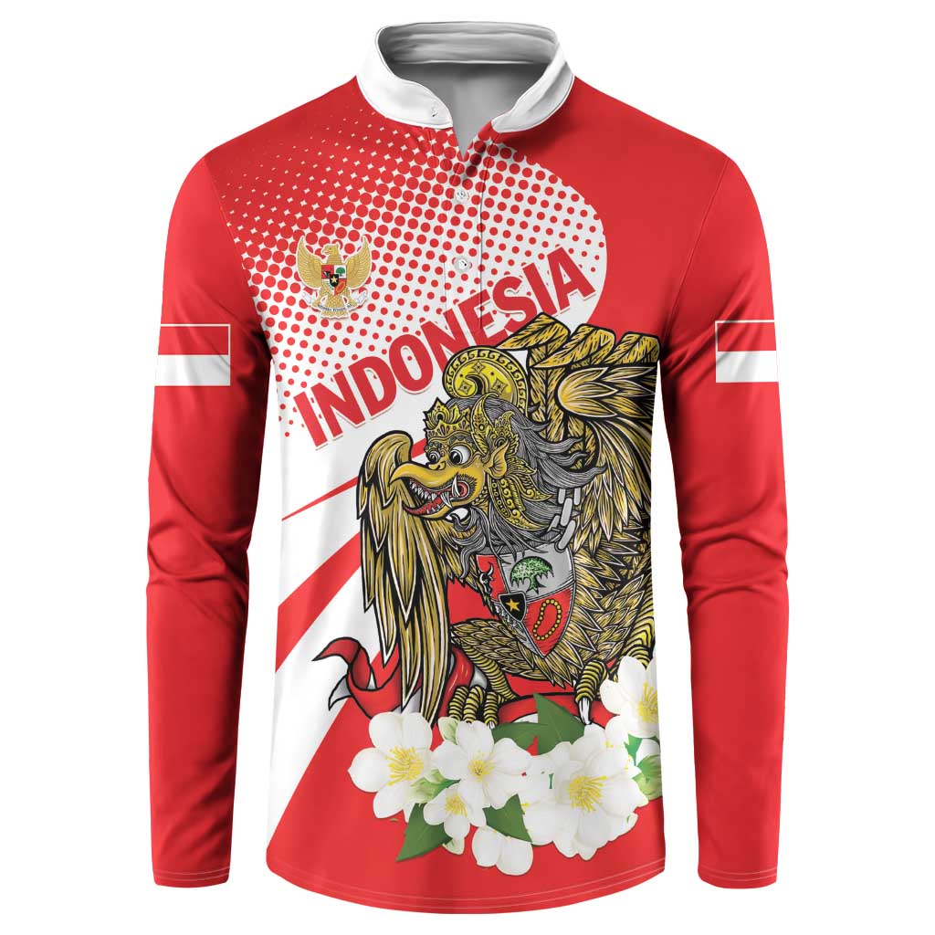 Red zip-front sweatshirt with white collar and bold eagle graphic with white flowers
