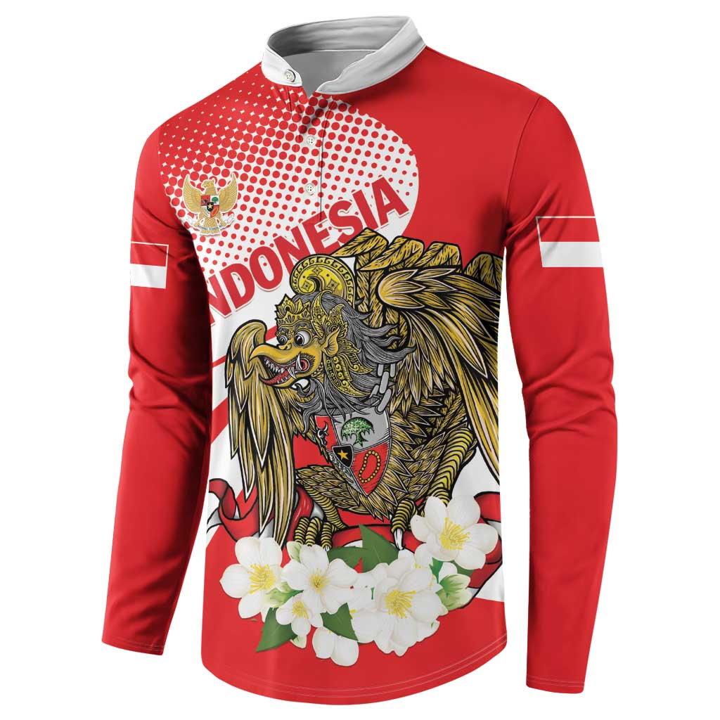 Red zip-front sweatshirt with white stripe details and large central eagle-and-flower print