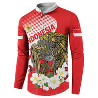 Red zip-front sweatshirt with white stripe details and large central eagle-and-flower print