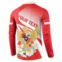 Red zip-front sweatshirt with back print of eagle wings and floral wreath motif