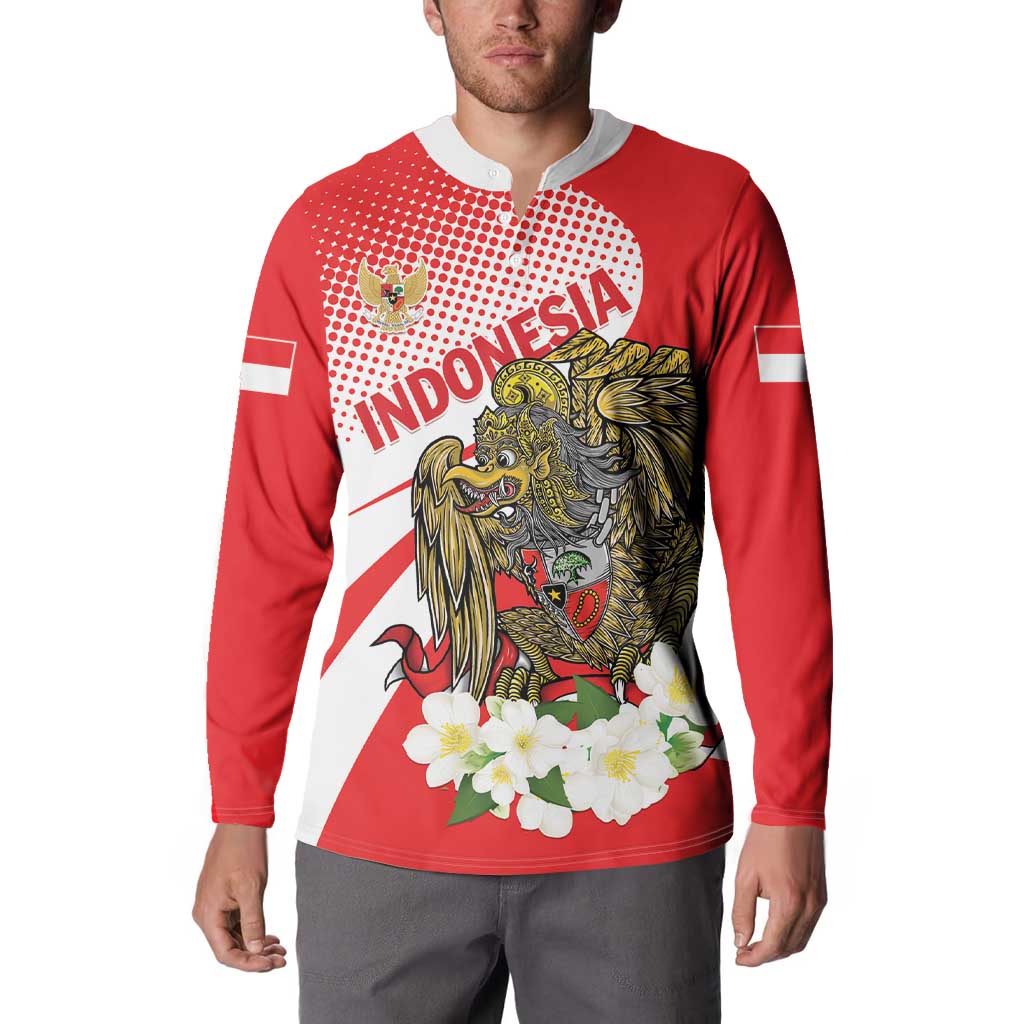 Red zip-front sweatshirt on model featuring front eagle emblem and white flower graphic
