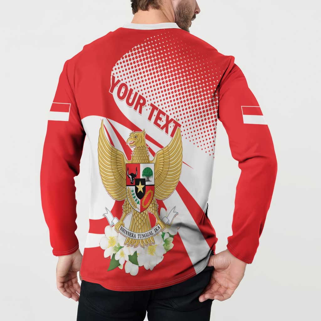 Red zip-front sweatshirt with large back eagle crest and “YOUR TEXT” band above