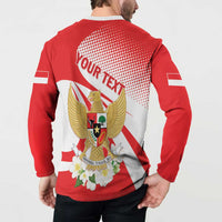 Red zip-front sweatshirt with large back eagle crest and “YOUR TEXT” band above