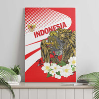 Red canvas wall art featuring Indonesia lettering, gold eagle with white blossoms