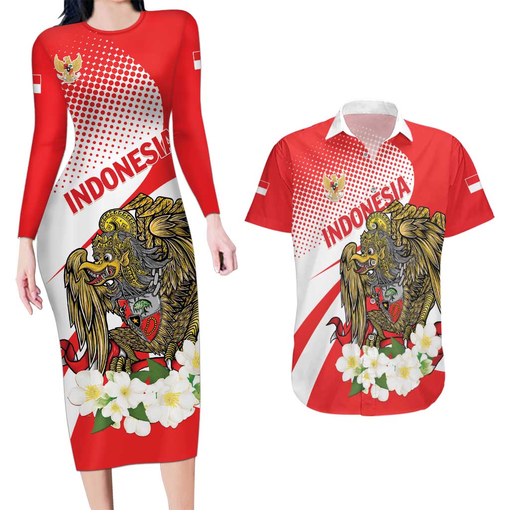 Indonesia Couples Matching Long Sleeve Bodycon Dress and Hawaiian Shirt Javan Hawk Eagle Melati Flower - Wonder Print Shop