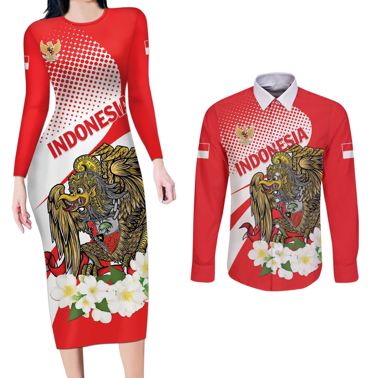 Indonesia Couples Matching Long Sleeve Bodycon Dress and Long Sleeve Button Shirt Javan Hawk Eagle Melati Flower - Wonder Print Shop