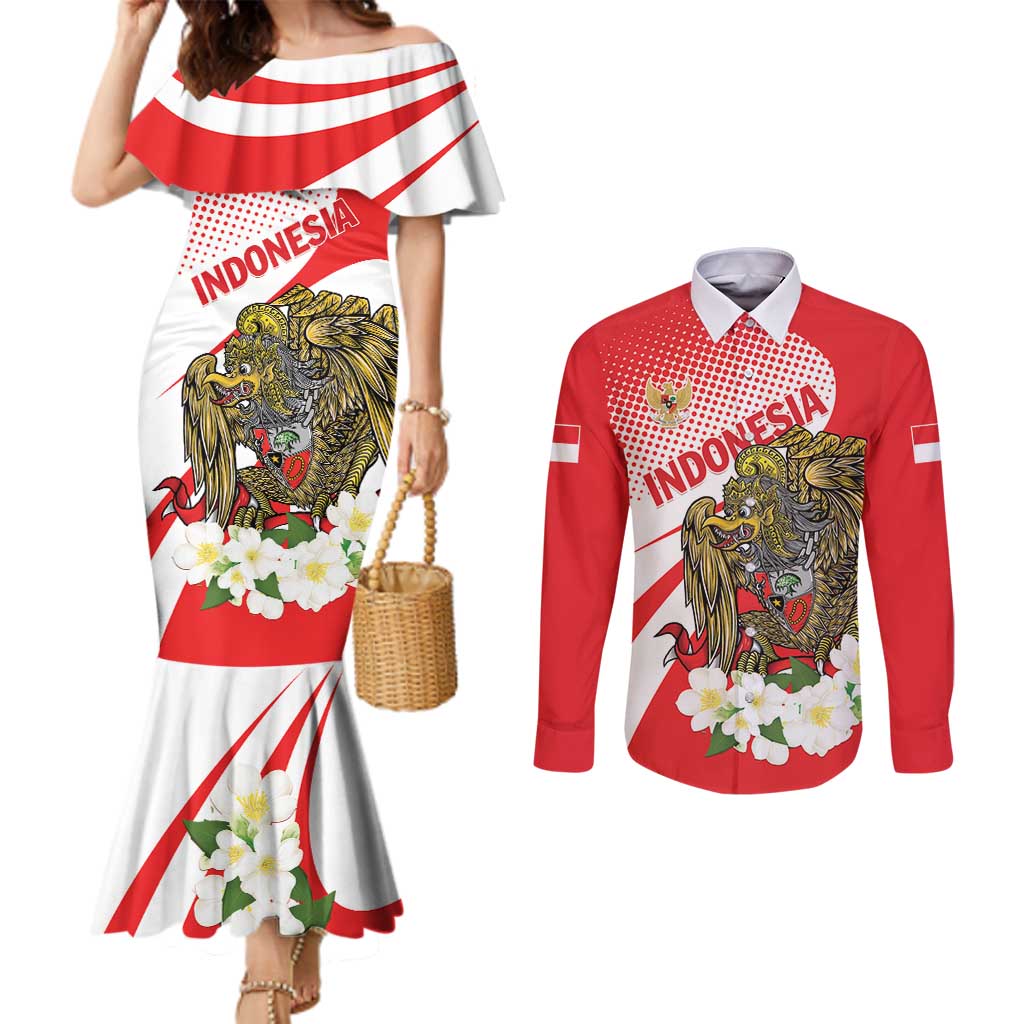 Indonesia Couples Matching Mermaid Dress and Long Sleeve Button Shirt Javan Hawk Eagle Melati Flower