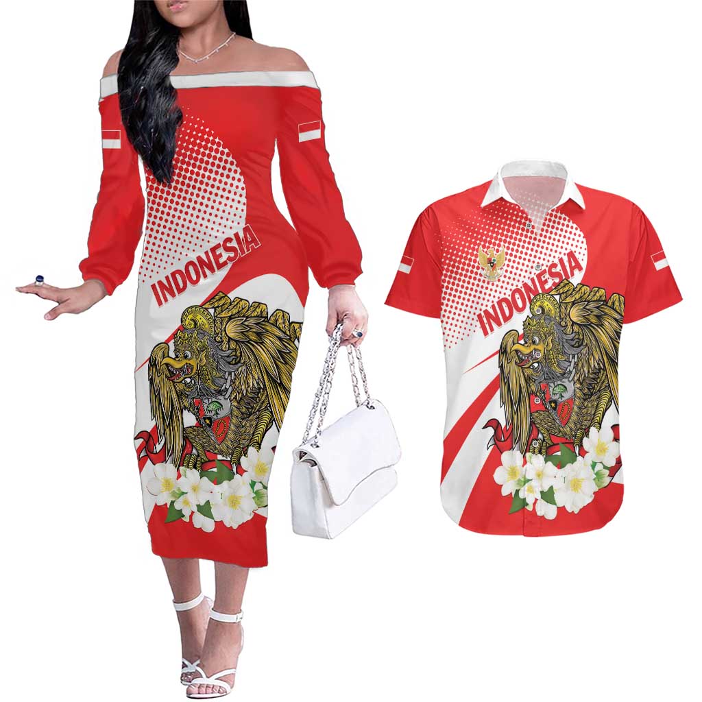 Indonesia Couples Matching Off The Shoulder Long Sleeve Dress and Hawaiian Shirt Javan Hawk Eagle Melati Flower - Wonder Print Shop