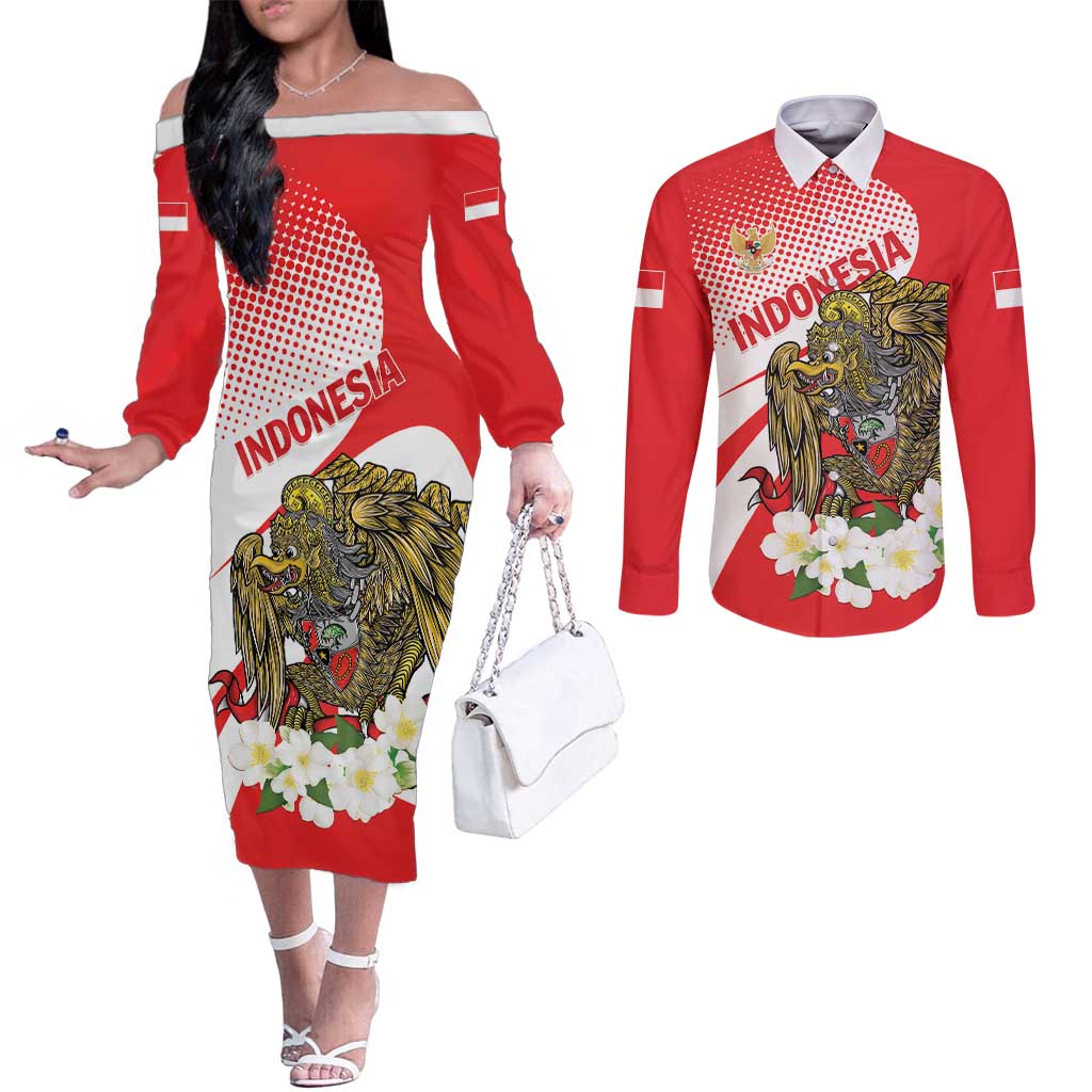 Indonesia Couples Matching Off The Shoulder Long Sleeve Dress and Long Sleeve Button Shirt Javan Hawk Eagle Melati Flower