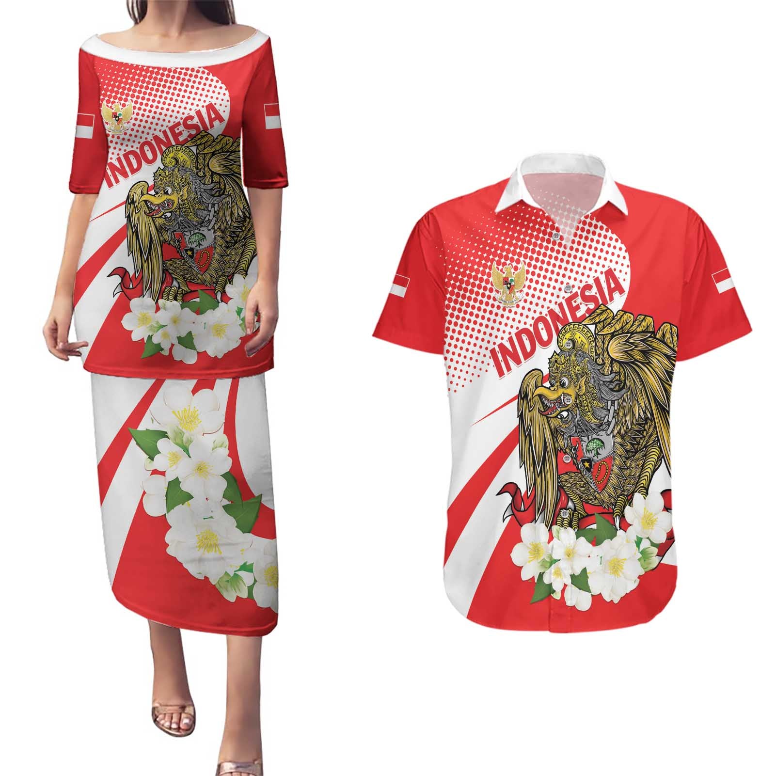 Indonesia Couples Matching Puletasi and Hawaiian Shirt Javan Hawk Eagle Melati Flower - Wonder Print Shop