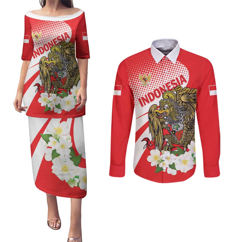 Indonesia Couples Matching Puletasi and Long Sleeve Button Shirt Javan Hawk Eagle Melati Flower - Wonder Print Shop