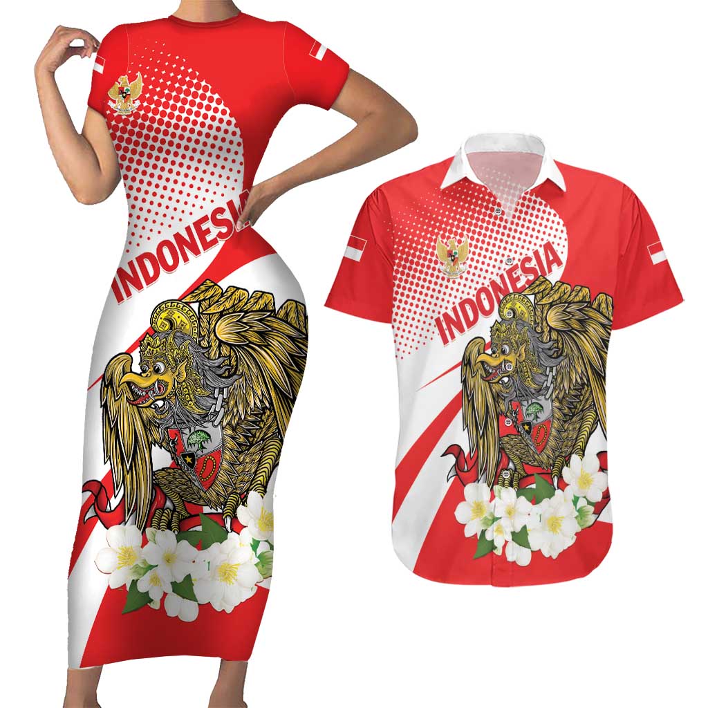 Indonesia Couples Matching Short Sleeve Bodycon Dress and Hawaiian Shirt Javan Hawk Eagle Melati Flower - Wonder Print Shop