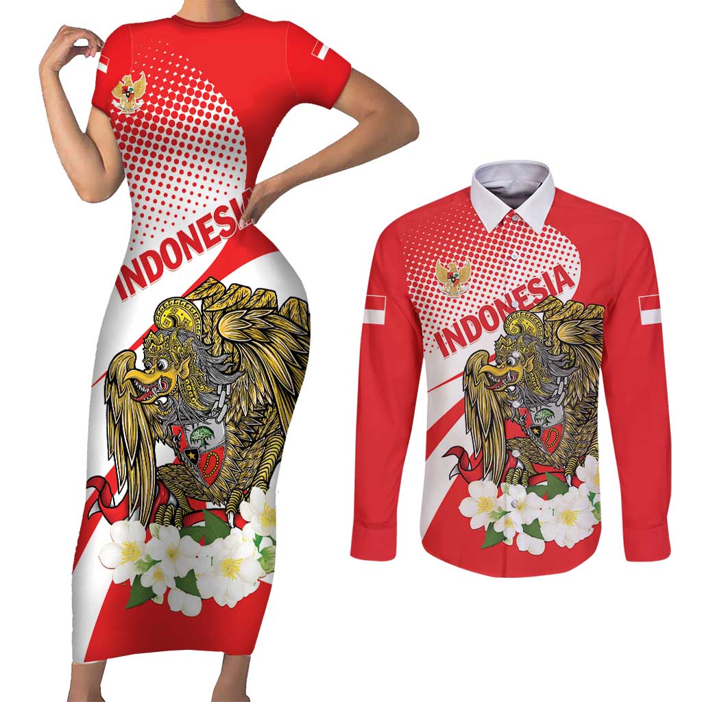 Indonesia Couples Matching Short Sleeve Bodycon Dress and Long Sleeve Button Shirt Javan Hawk Eagle Melati Flower - Wonder Print Shop