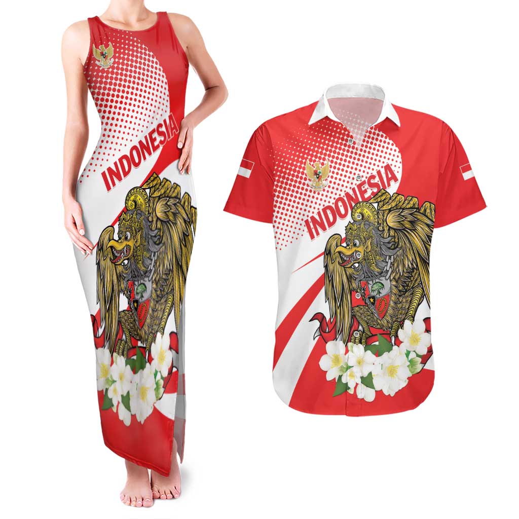 Indonesia Couples Matching Tank Maxi Dress and Hawaiian Shirt Javan Hawk Eagle Melati Flower - Wonder Print Shop